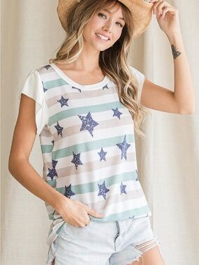 Women’s Casual Star Stripe Tee - White & Blue